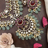 Vriksham Double Layer Victorian Diamond Short Neckpiece-Pastel Green Bead-VV1971